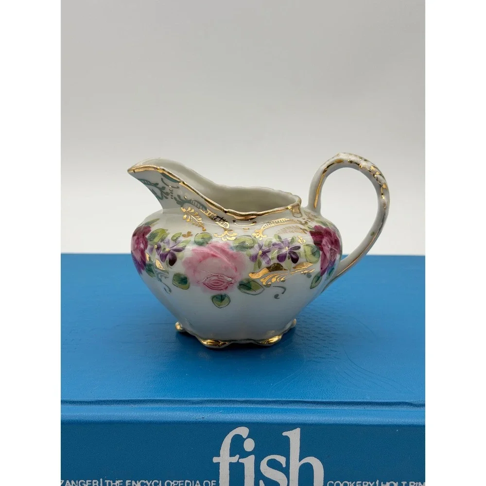 Vintage Hand Painted Floral Porcelain Creamer Gold Gilt Trim Footed Pitcher